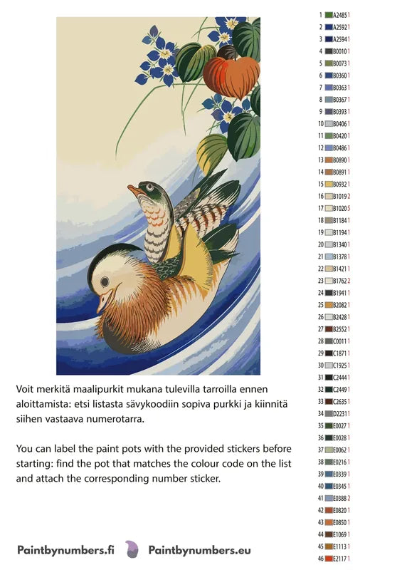 Värikartta ja ohjeet - Mandarin Ducks and Flowering Plants 40x70cm