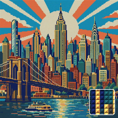 Manhattan Deco Sunburst, 50x50 cm timanttimaalaus – lopullisen kuvion esikatselu ja lähikuva neliönmuotoisista timanteista