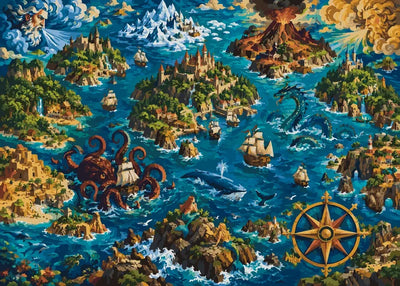 Fantasiakartta, jossa saaria, laivoja ja merihirviöitä numeromaalaus.