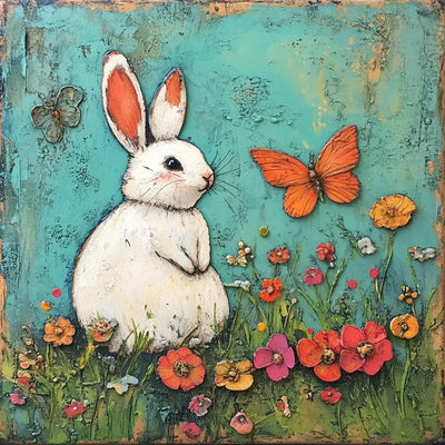 Meadow Bunny -timanttimaalaus: valkoinen pupu kukkaniityllä perhosten ympäröimänä