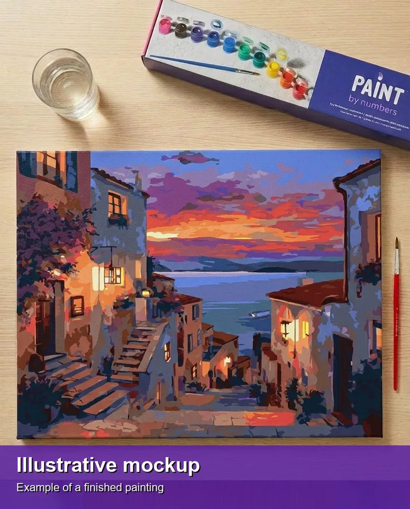 Valmiin numeromaalauksen havainnekuva - Mediterranean Sunset Street 50x40cm