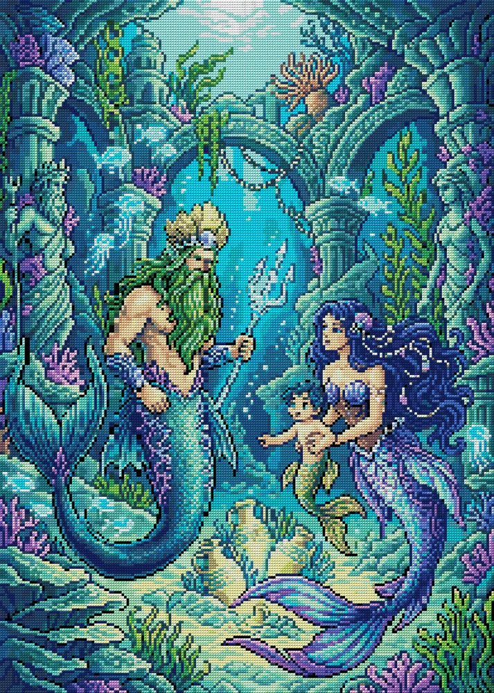 Mermaid Family Underwater Kingdom, 50x70 cm timanttimaalaus – koko kuvion esikatselu ilman lähikuvaa
