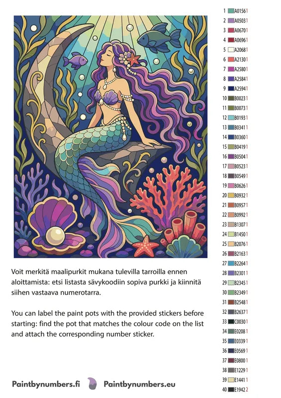 Värikartta ja ohjeet - Mermaid on Coral Reef 40x50cm