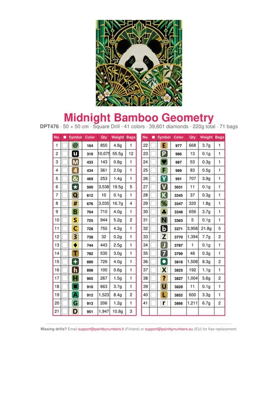 Midnight Bamboo Geometry timanttimaalauksen värikartta – 41 DMC-väriä