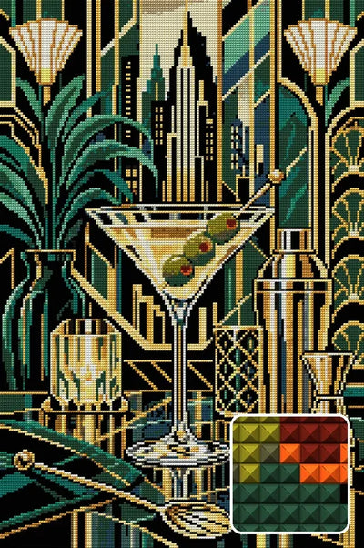 Midnight Martini Architecture, 40x60 cm timanttimaalaus – lopullisen kuvion esikatselu ja lähikuva neliönmuotoisista timanteista