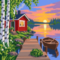 Thumbnail for Punainen mökki, laituri ja vene auringonlaskussa numeromaalaus.