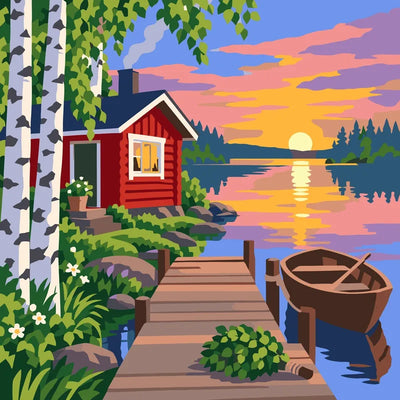 Punainen mökki, laituri ja vene auringonlaskussa numeromaalaus.