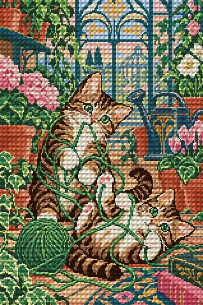 Mittens in the Greenhouse, 40x60 cm timanttimaalaus – koko kuvion esikatselu ilman lähikuvaa