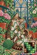 Thumbnail for Mittens in the Greenhouse, 40x60 cm timanttimaalaus – lopullisen kuvion esikatselu ja lähikuva neliönmuotoisista timanteista