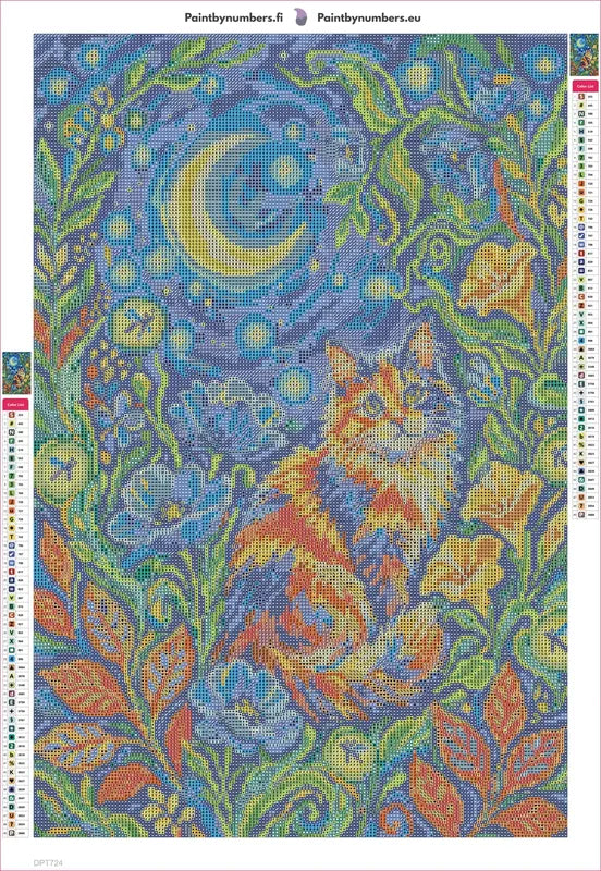 Moonlit Cat in Flower Garden timanttimaalauksen liimapintainen canvas 40x60cm