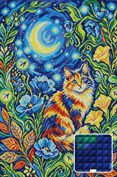Moonlit Cat in Flower Garden, 40x60 cm timanttimaalaus – lopullisen kuvion esikatselu ja lähikuva neliönmuotoisista timanteista