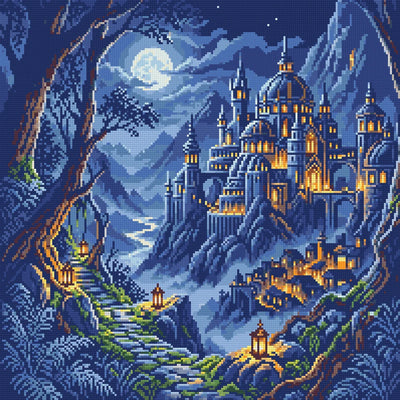 Moonlit Fantasy Castle Path, 50x50 cm timanttimaalaus – lopullisen kuvion esikatselu