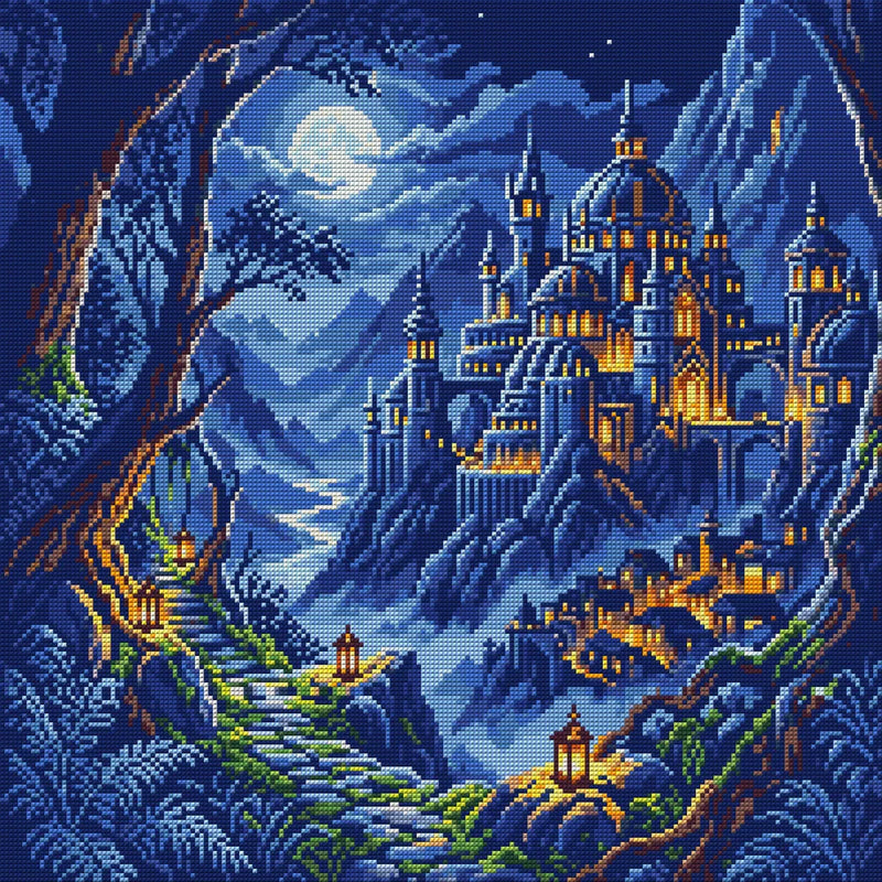 Moonlit Fantasy Castle Path, 50x50 cm timanttimaalaus – koko kuvion esikatselu ilman lähikuvaa