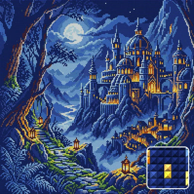 Moonlit Fantasy Castle Path, 50x50 cm timanttimaalaus – lopullisen kuvion esikatselu ja lähikuva neliönmuotoisista timanteista