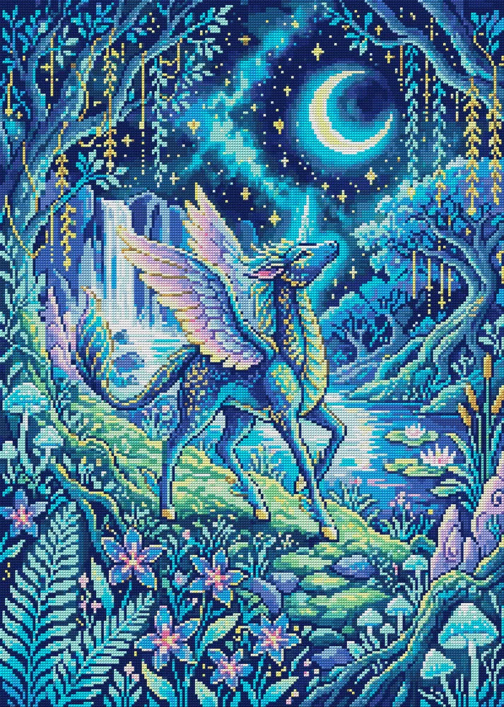 Moonlit Fantasy Unicorn Forest, 50x70 cm timanttimaalaus – koko kuvion esikatselu ilman lähikuvaa