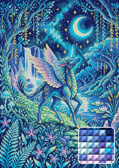 Moonlit Fantasy Unicorn Forest, 50x70 cm timanttimaalaus – lopullisen kuvion esikatselu ja lähikuva neliönmuotoisista timanteista
