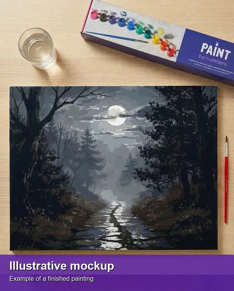 Valmiin numeromaalauksen havainnekuva - Moonlit Forest Path 50x40cm