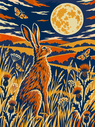 Jänis, perhoset ja täysikuu numeromaalaus. 30x40cm kangas, 24 väriä.