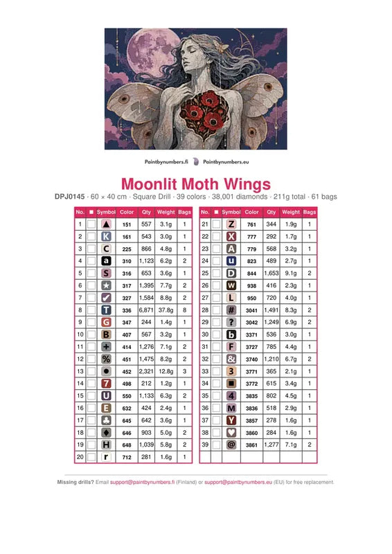 Moonlit Moth Wings timanttimaalauksen värikartta – 39 DMC-väriä