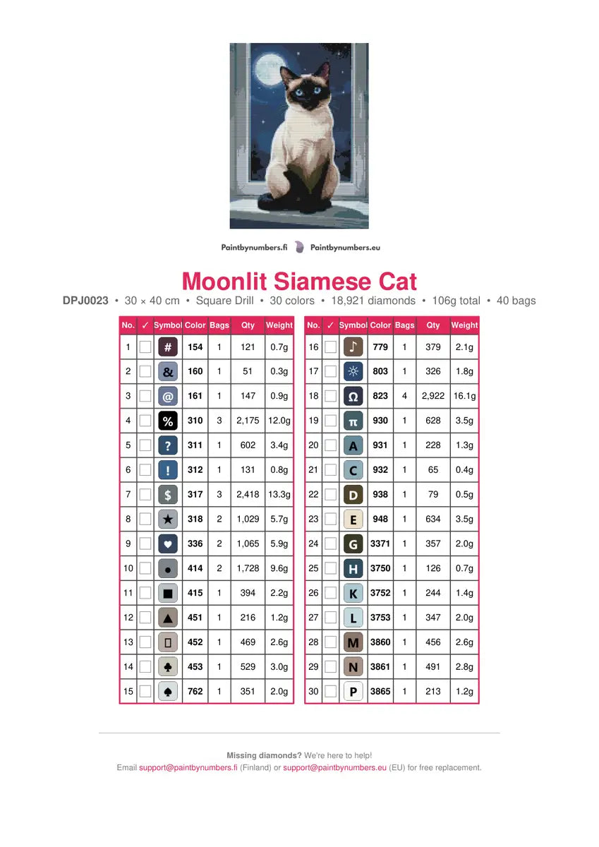 Moonlit Siamese Cat timanttimaalauksen värikartta – 30 DMC-väriä