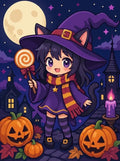 Thumbnail for Timanttimaalaus söpöstä noitatytöstä halloween-yössä, taustalla kurpitsat ja täysikuu.