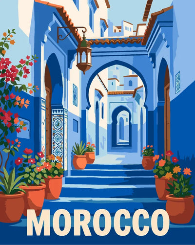 Marokko travel poster numeromaalaus, sininen kaupunki
