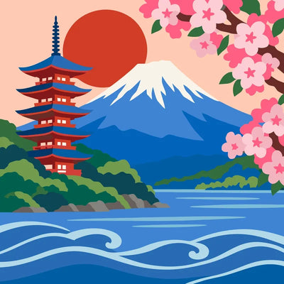 Japanilainen pagodi, Mount Fuji ja kirsikankukat numeromaalaus