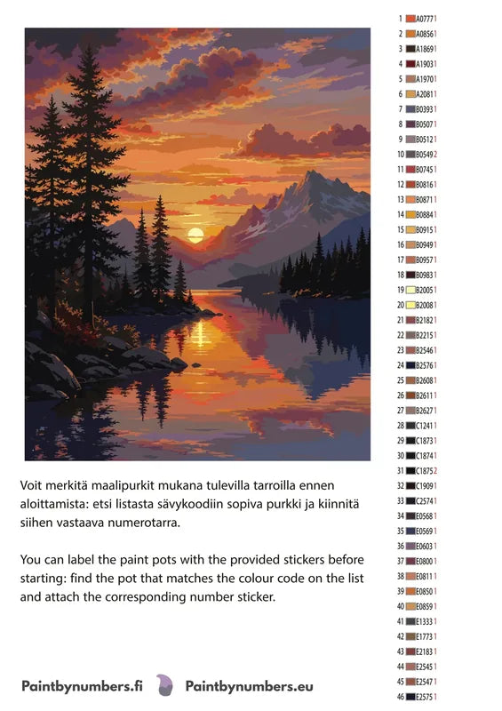 Värikartta ja ohjeet - Mountain Lake Sunset 40x50cm