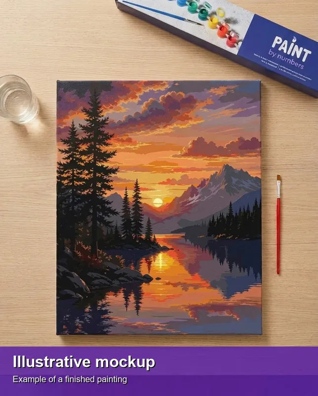 Valmiin numeromaalauksen havainnekuva - Mountain Lake Sunset 40x50cm