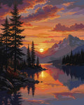Thumbnail for Vuoristojärvi ja auringonlasku numeromaalaus. Havupuut, vuoret ja heijastuksia vedessä.