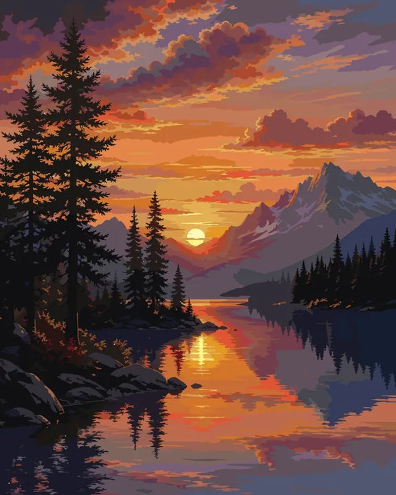 Vuoristojärvi ja auringonlasku numeromaalaus. Havupuut, vuoret ja heijastuksia vedessä.