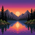 Thumbnail for Timanttimaalaus vuoristojärvestä auringonlaskussa, violetit ja oranssit sävyt, pehmeät heijastukset vedessä.