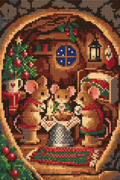 Hiiriperheen jouluaatto seinänkolossa, 20x30 cm timanttimaalaus – lopullisen kuvion esikatselu