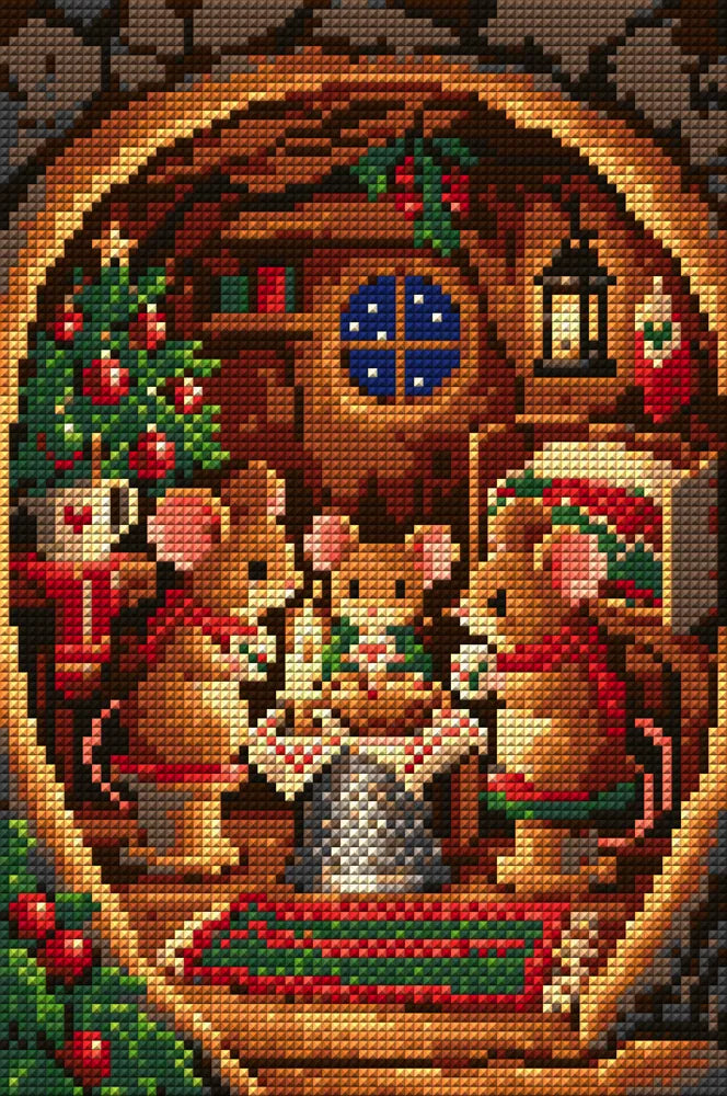 Hiiriperheen jouluaatto seinänkolossa, 20x30 cm timanttimaalaus – koko kuvion esikatselu