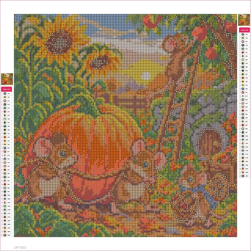 Mouse Family's Pumpkin Harvest timanttimaalauksen liimapintainen canvas 40x40cm