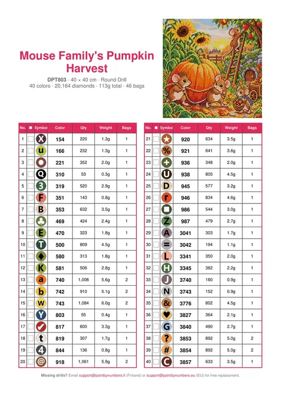 Mouse Family's Pumpkin Harvest timanttimaalauksen värikartta – 40 DMC-väriä