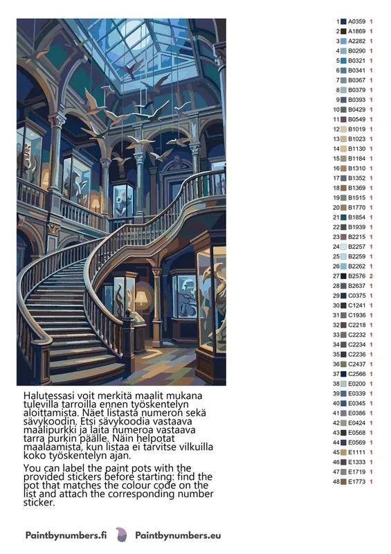 Värikartta ja ohjeet - Museum Staircase and Birds 40x70cm