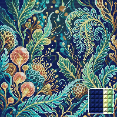 Mystical Botanical Fantasy, 50x50 cm timanttimaalaus – lopullisen kuvion esikatselu ja lähikuva neliönmuotoisista timanteista