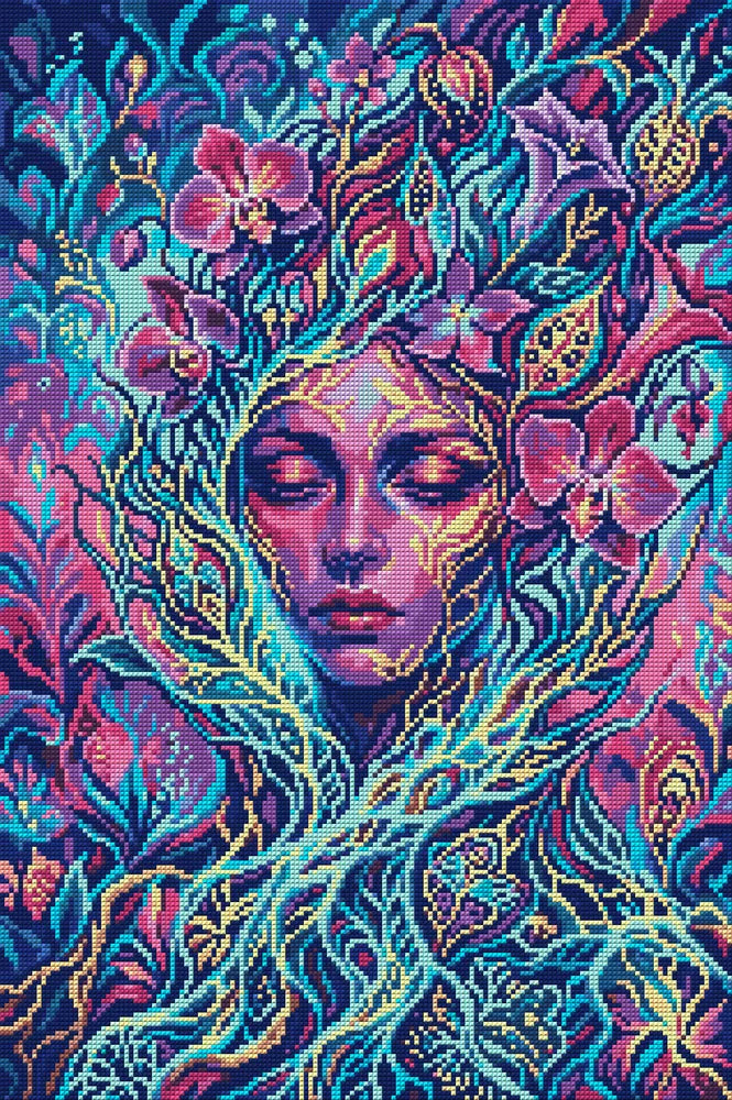 Mystical Floral Spirit Portrait, 40x60 cm timanttimaalaus – koko kuvion esikatselu ilman lähikuvaa