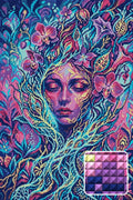 Thumbnail for Mystical Floral Spirit Portrait, 40x60 cm timanttimaalaus – lopullisen kuvion esikatselu ja lähikuva neliönmuotoisista timanteista