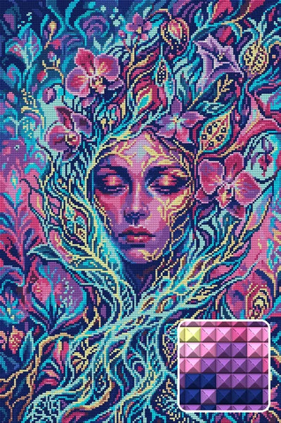 Mystical Floral Spirit Portrait, 40x60 cm timanttimaalaus – lopullisen kuvion esikatselu ja lähikuva neliönmuotoisista timanteista