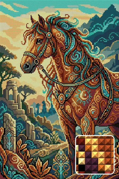 Mystical Ornate Horse in Ruins, 40x60 cm timanttimaalaus – lopullisen kuvion esikatselu ja lähikuva neliönmuotoisista timanteista
