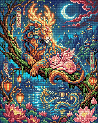 Mythical Lion and Winged Cat Night, 40x50 cm timanttimaalaus – lopullisen kuvion esikatselu