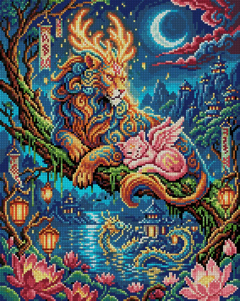 Mythical Lion and Winged Cat Night, 40x50 cm timanttimaalaus – koko kuvion esikatselu ilman lähikuvaa