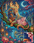 Thumbnail for Mythical Lion and Winged Cat Night, 40x50 cm timanttimaalaus – lopullisen kuvion esikatselu ja lähikuva pyöreistä timanteista