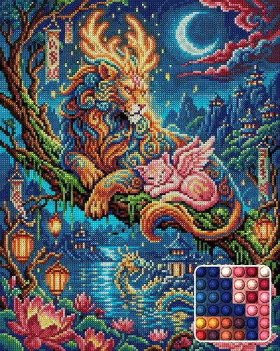 Mythical Lion and Winged Cat Night, 40x50 cm timanttimaalaus – lopullisen kuvion esikatselu ja lähikuva pyöreistä timanteista