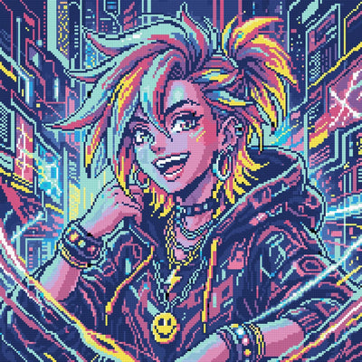 Neon Cyberpunk Girl Portrait, 50x50 cm timanttimaalaus – lopullisen kuvion esikatselu