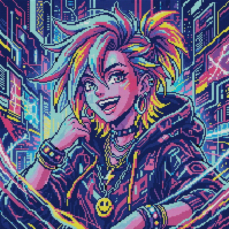 Neon Cyberpunk Girl Portrait, 50x50 cm timanttimaalaus – koko kuvion esikatselu ilman lähikuvaa