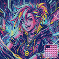 Thumbnail for Neon Cyberpunk Girl Portrait, 50x50 cm timanttimaalaus – lopullisen kuvion esikatselu ja lähikuva neliönmuotoisista timanteista