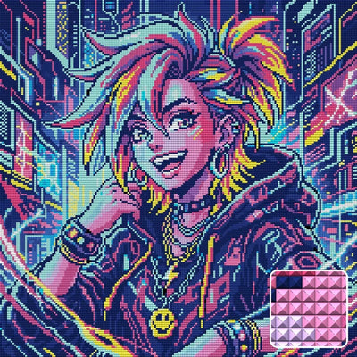 Neon Cyberpunk Girl Portrait, 50x50 cm timanttimaalaus – lopullisen kuvion esikatselu ja lähikuva neliönmuotoisista timanteista